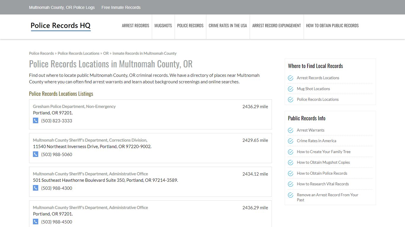 Multnomah County, OR Police Logs - Free Inmate Records
